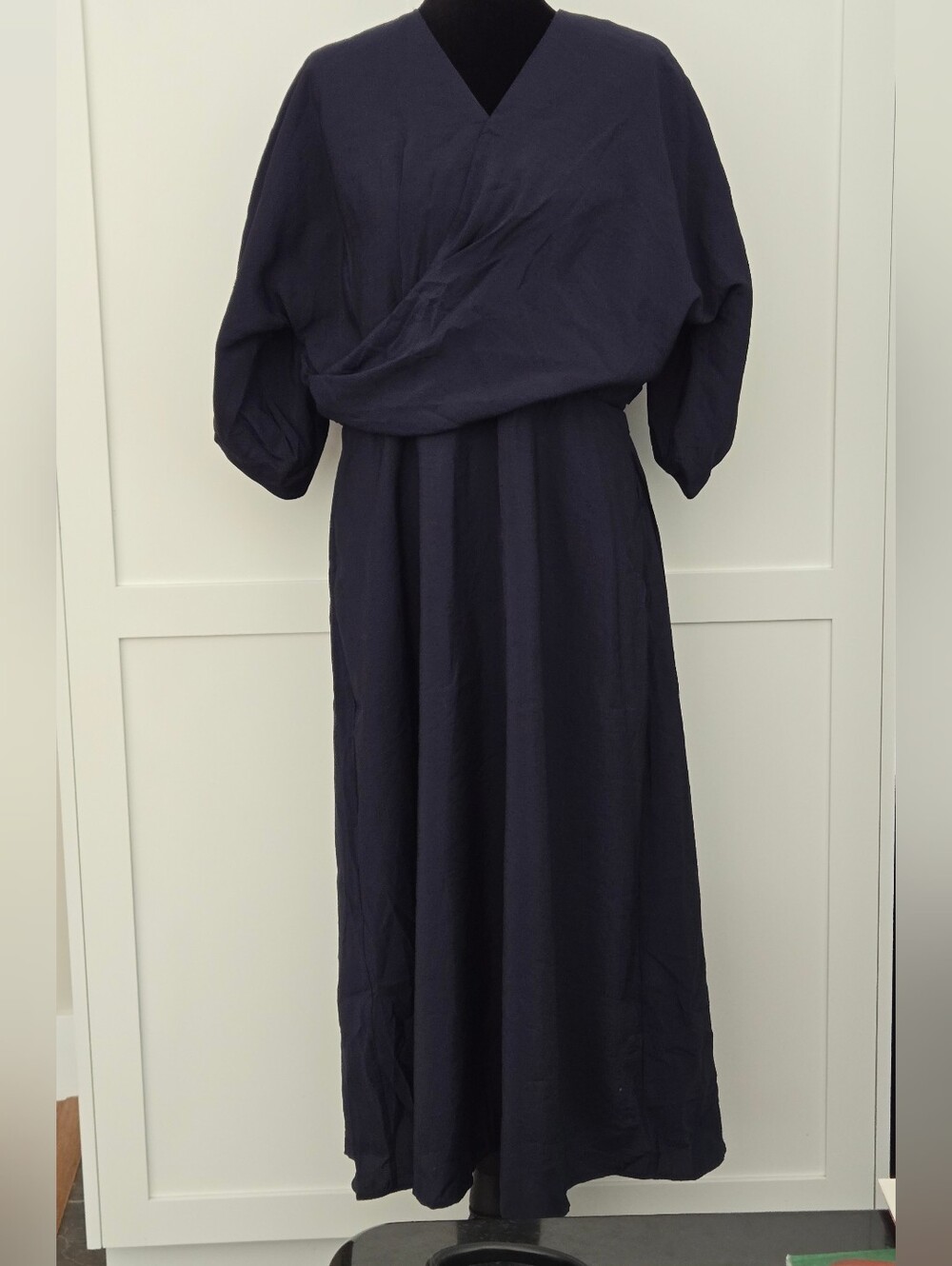 COS Puff-Sleeve Wrap Midi Dress Navy Cotton EUC Size 14 Quiet Luxury